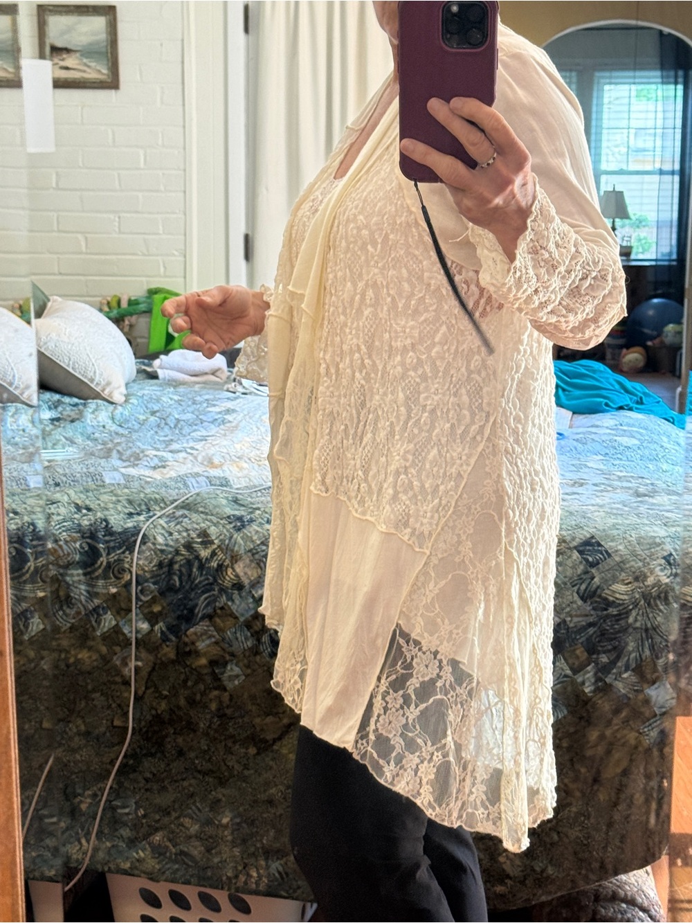 Lace & Knit Cascade Open-Front Women's Top - Cream - Picture 2 of 5